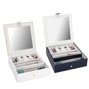 

2 Layers Jewelry Display Holder Box PU Leather Earrings Rings Bracelet Jewelry Storage Case Holder Organizer Box with Mirror a