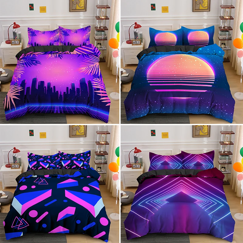 

Abstract Modern Retro Neon Bedding Set Single Double King Queen Size Geometic Duvet Cover With Pillowcase Bedclothes 2/3 Pieces