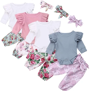 

Newborn Baby Girl Clothes Set Fashion Autumn Long Sleeve Solid Color Romper Tops Stripe Pants Headband Infant Clothing Outfits