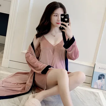 

Soft Bathrobe Gown Velvet Robe Set Women Kimono Gown Casual Twinset Robe Set Solid Warm Navy Blue Bride Bridesmaid Wedding Robe