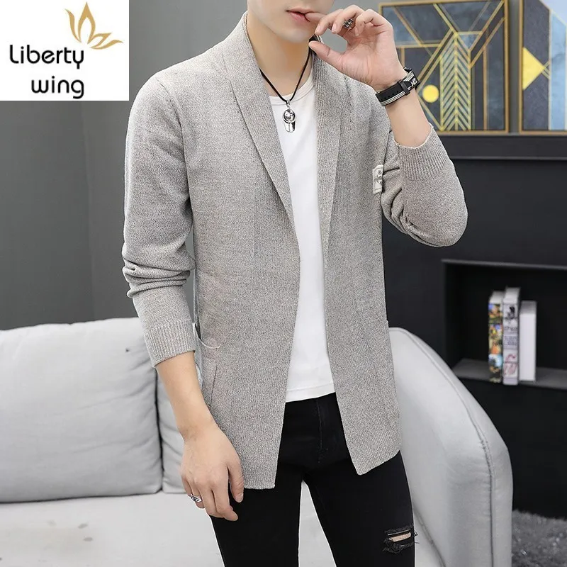 

Brand New Autumn Thic Mens Medium Length Thin Knitted Sweaters Fashion Korean Pattern Print Slim Fit Male Cardigan Plus Size