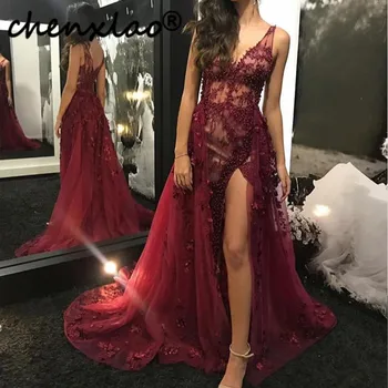 

Vestidos Long Evening Dresses A-Line V-Neck Sleeveless See Through High Split Formal Gowns Evening Dress Party Dress