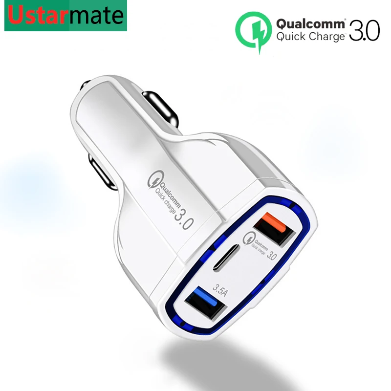 Новое автомобильное зарядное устройство QC3.0 3 порта с интерфейсом type-C 2 USB быстрая зарядка автомобильного телефона портативная автомобильная зарядка для iPhone X Xs 11 Pro Max
