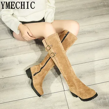 

Ladies Nubuck Flock Womens Knee High Knight Motorcycle Boots Black Brown Apricot Long Boots Female Shoes Winter Botas