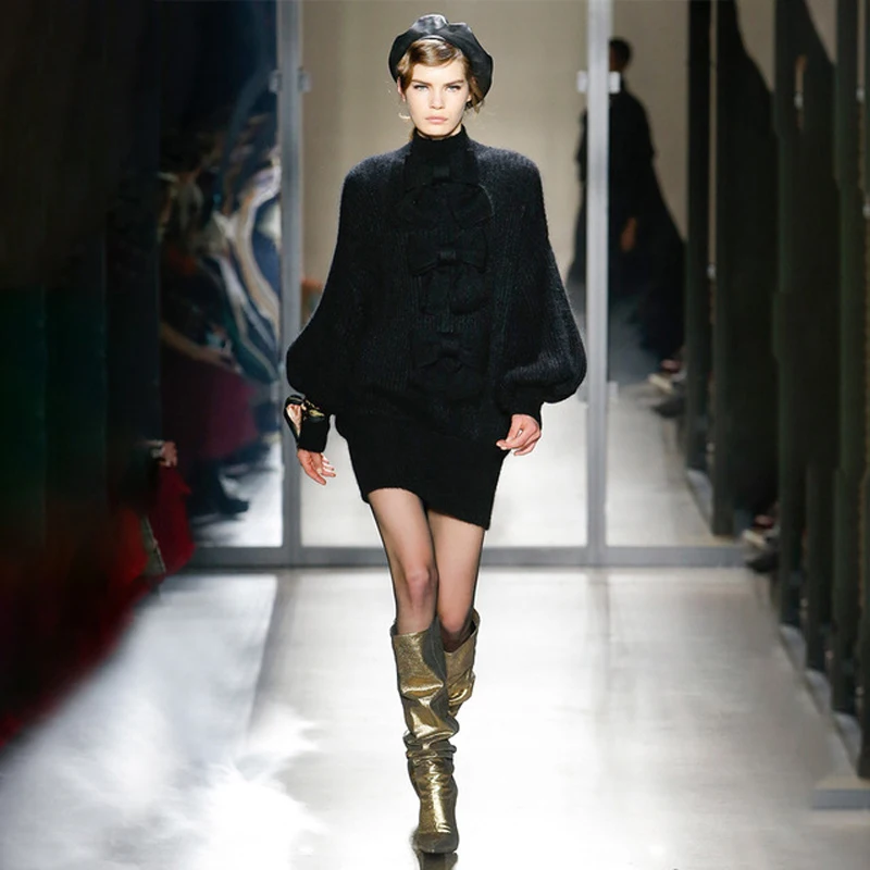 

Solid Black Woman Knit Sweaters and Pullovers Turtleneck Puff Long Sleeve Bow Embroidery Patchwork Warm Loose Long Sweater