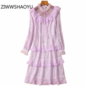 

ZIWWSHAOYU Women Summer Solid Cake Dress Cascading Ruffle Mesh Stitching Hollow Out Ladies Bohemian Holiday Midi Dresses