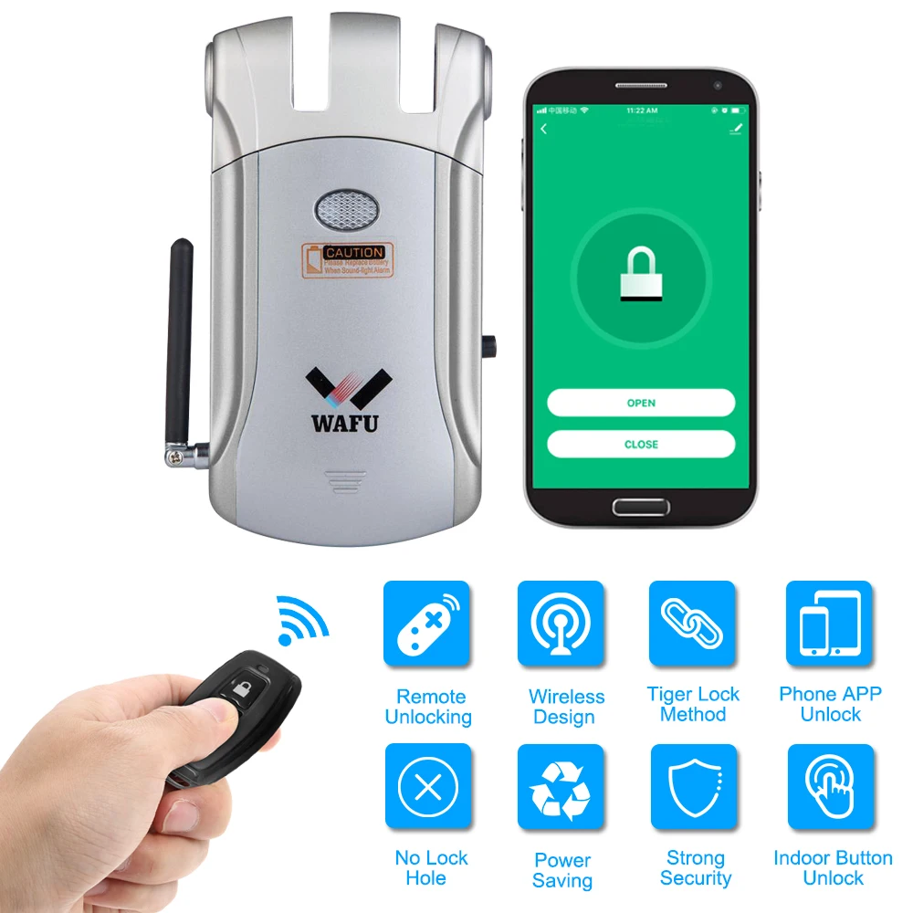 

WAFU WiFi Intelligent Electronic Lock Remote Control Invisible Keyless Entry Door Lock iOS Android APP with 2 Remote Controllers