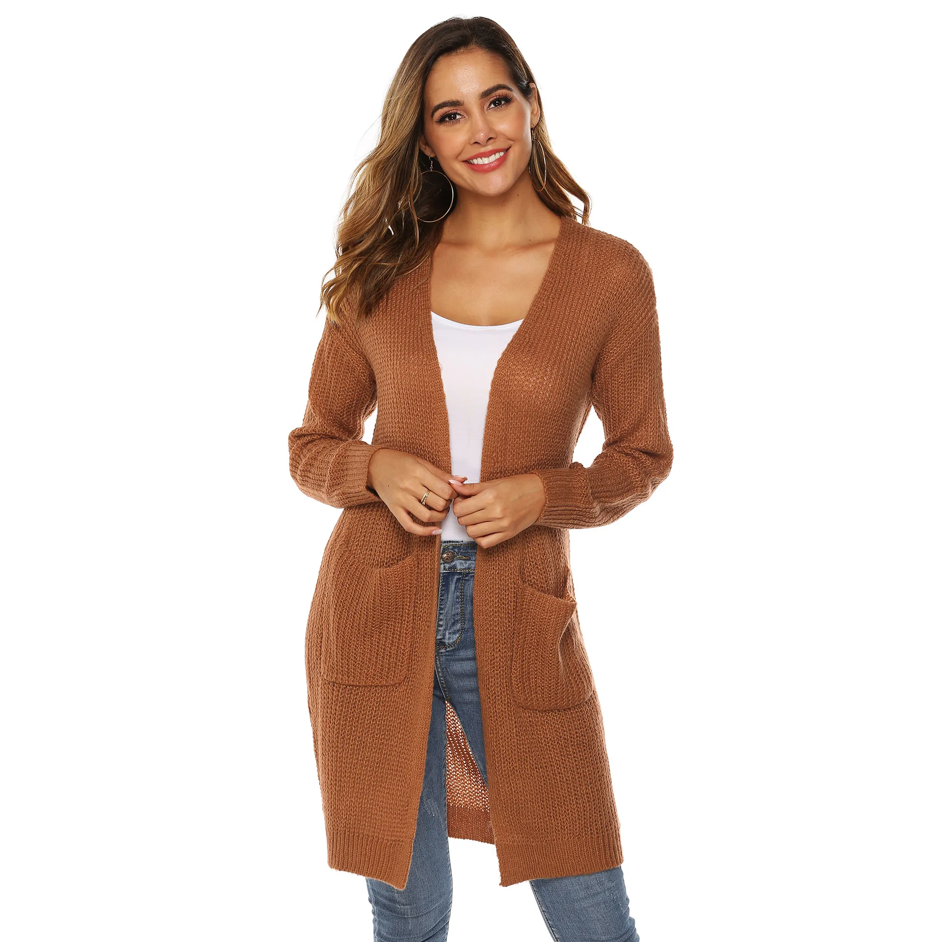 

Women's Spring Cardigan Solid Color Large Pocket Sweater Cardigan Middle Long Over-the-knee Thin Overcoat