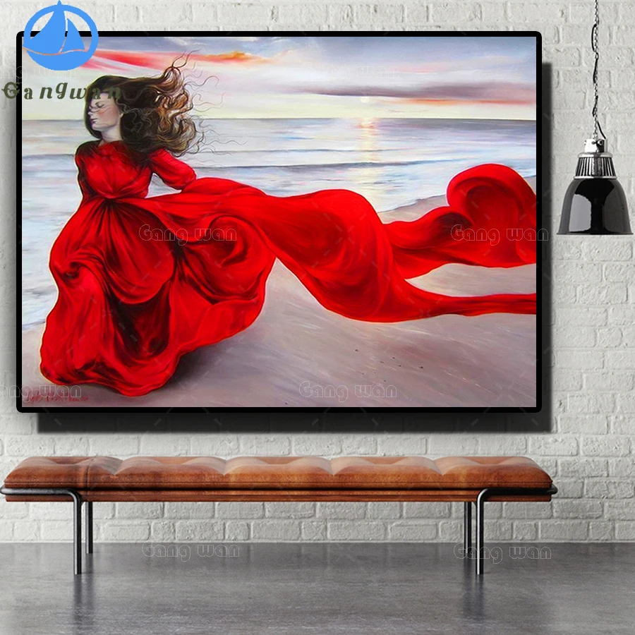 Full Square round Diamond DIY Painting Woman in Red Dress by the Sea Embroidery Cross Stitch diamond Mosaic Home Decor | Дом и сад