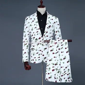

Men Digital Printing Color Groom Dress Suit Performance Suit Men Stage Song Suit Small Rose