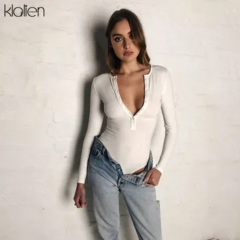

KLALIEN fashion Autumn winter sexy deep V-neck buttons long sleeve base bodysuit 2019 women knitting Casual One-pieces Bodysuit