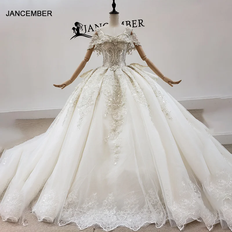 HTL1963 Elegant Extravagant Sequin Crystal Pearls Wedding Dress 2021 V-Neck Short Sleeve Lace Up Back 1