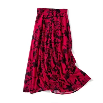 

2020 New Women Floral Print Red Long Skirt With Buttons Casual Female Midi Skirt
