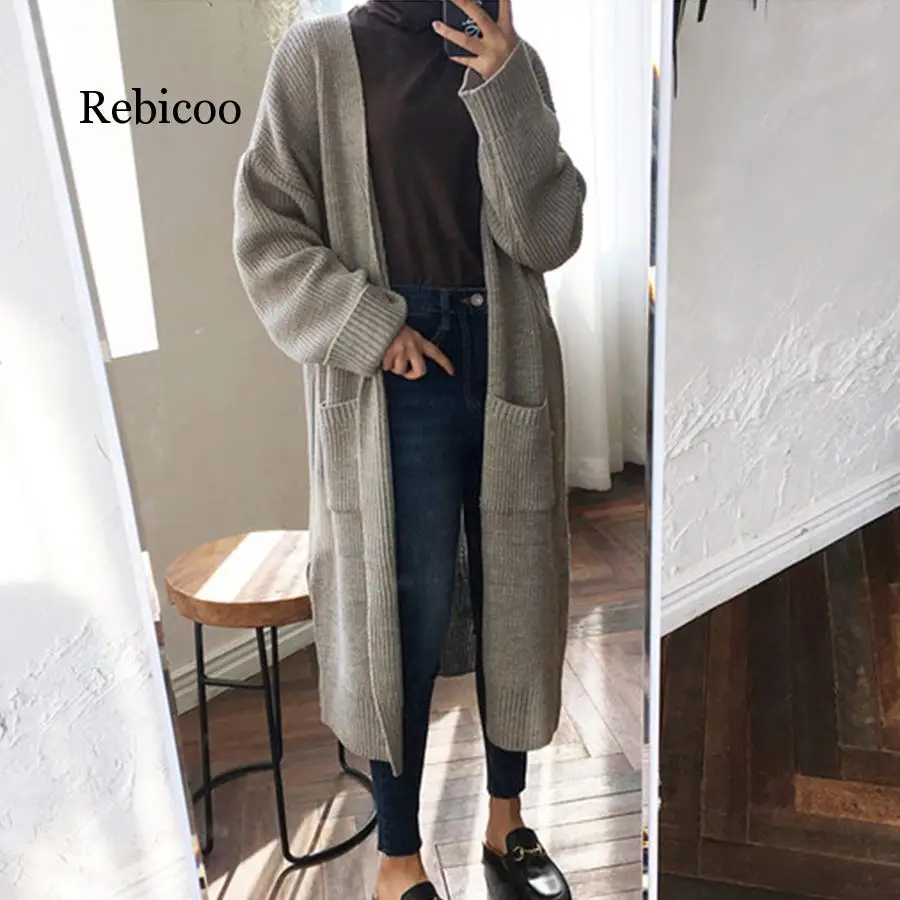 Модный длинный кардиган женский Мода Harajuku Свободный вязаный свитер женский повседневный черный куртка оверсайз осень