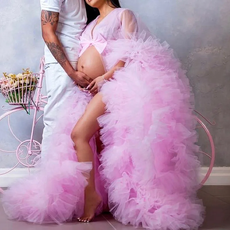 Chic Puffy Pink Maternity Dress For Photo Shoot Tiered Full Sleeve Bow Bridal Robe Tulle Dress Pregnancy Clothes   Robe