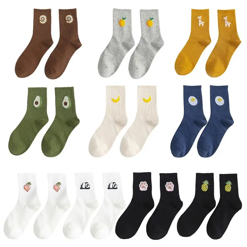 

Women Korean Colleage Cotton Crew Socks Cartoon Fruit Animal Print Jacquard Skateboard Ribbed Knit Harajuku Hosiery