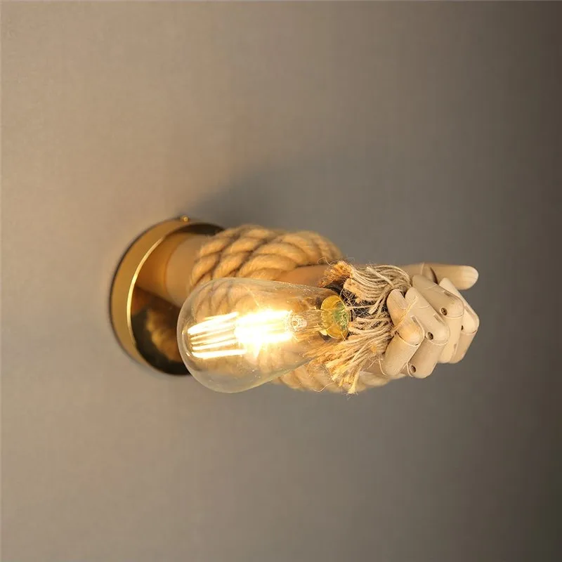 Lampada Da Parete Vintage A Forma Di Mano In Legno E Corda, Portalampada E27 Per Soggiorno, Camera E Corridoio (Sinistra)