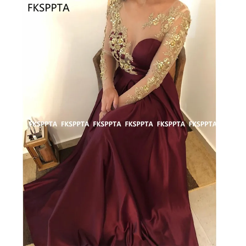 

Wine Red Long Prom Dresses With Gold Lace Sheer Satin A Line Long Sleeves Sexy Prom Gowns Custom Made Robe De Soiree