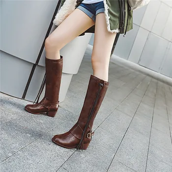 

2020 Retro Western Boots Chunky Block Heels Tassel Buckle Long Knee High Tall Knight Womens Boots Female Shoes Winter