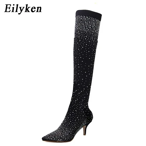 Black 7CM Eilyken/женские ботфорты выше колена пикантные сапоги на высоком каблуке, без шнуровки, с острым носком, из эластичной ткани модная обувь ручной работы 7 см, 12 см - Цвет: Black 7CM