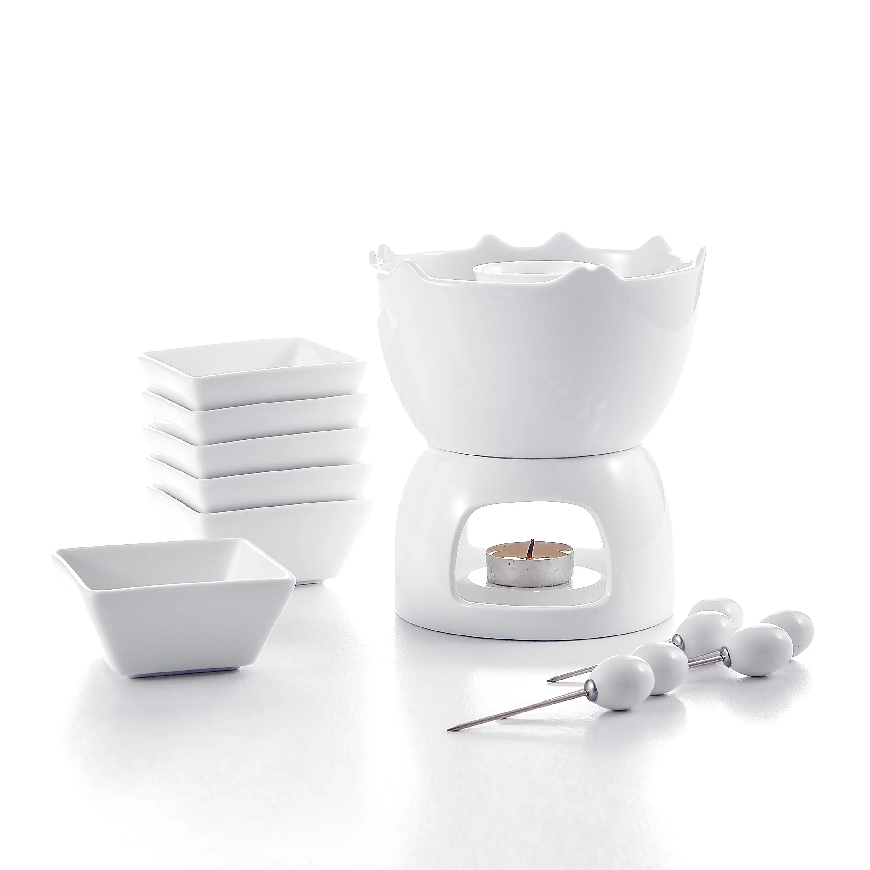 Cheese Fondue or Butter Fondue Set Malacasa Fondue Pot Set Two-layer Porcelain Tealight Chocolate Fondue with Dipping Bowls and Forks for 6 White 