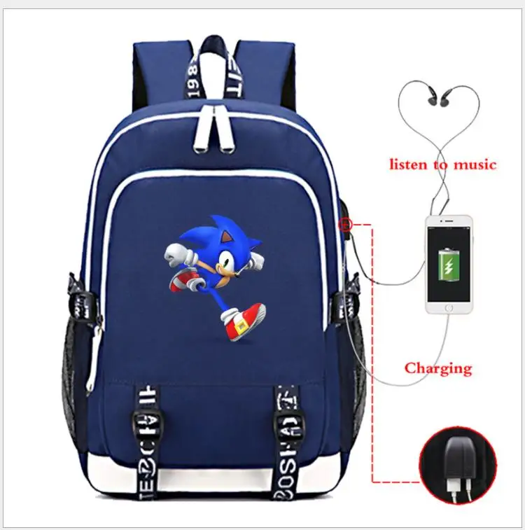 Sonic рюкзак с ежом с usb зарядным портом и замком и разъемом для наушников для студентов колледжа школьные сумки - Цвет: as pictures