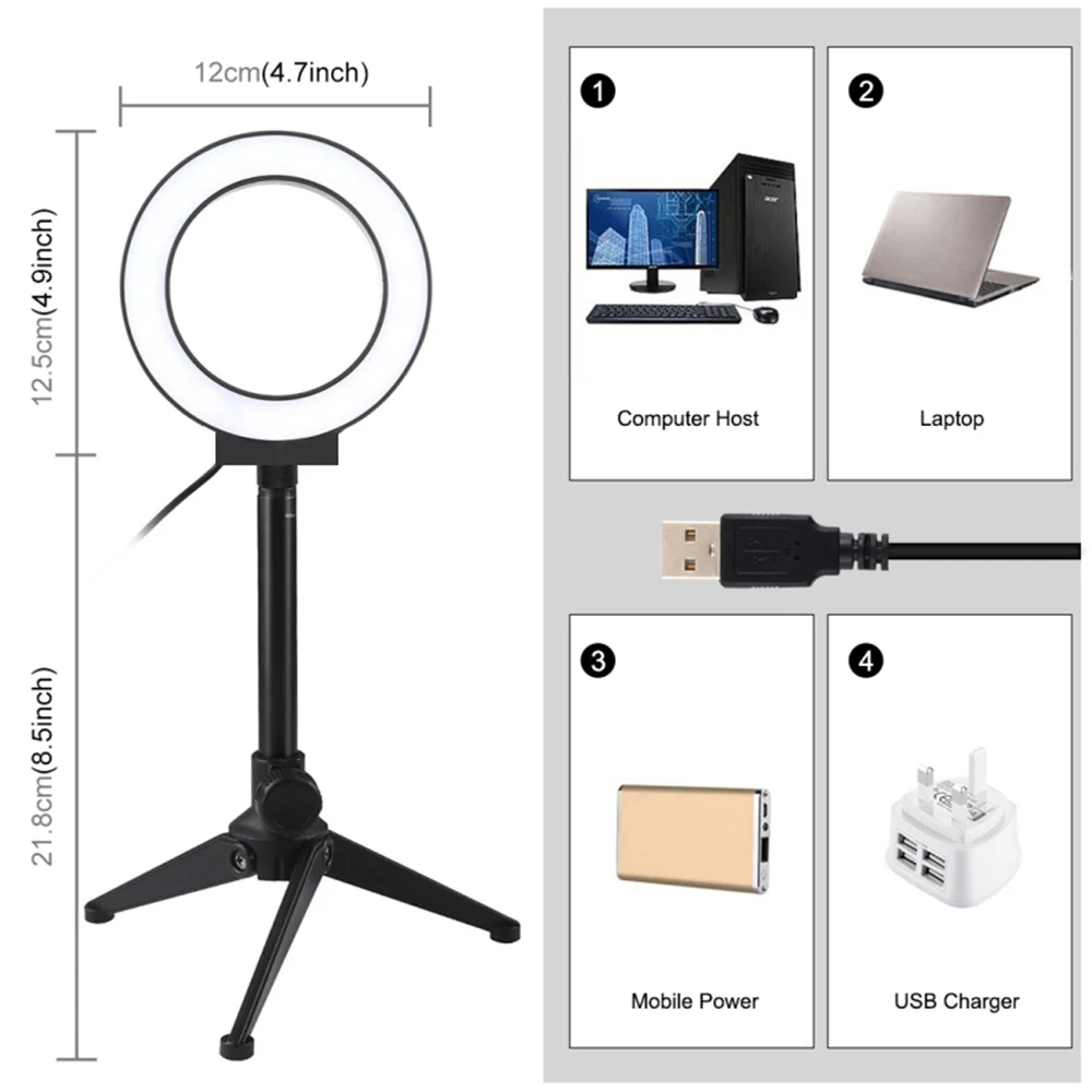 

4.7 Inch LED Selfie Ring Light With Tripod Set For Live Stream Makeup 6500K Portable Cable length 1.5m