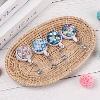 

4 styles Retractable Nurse Badge Reel Clip Mermaid Scales Pattern IC Identification Card Plate Holder Key Ring Anti-Lost Clip