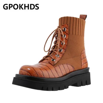 

GPOKHDS 2021 women Ankle boots Cow leather winter short plush Round Toe Lace-Up Checkered High heels female Riding boots size 39