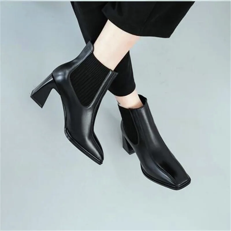 Square toe high heel ankle boots elastic band slip on chelsea boots winter formal office ladies shoes beige black leather boots