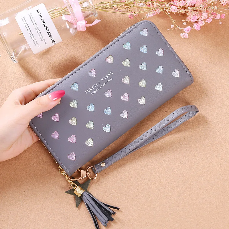 gray Модный женский кошелек, длинный женский кошелек на молнии, кошелек с узором в виде сердца, клатч, карман для телефона, кошелек, держатель для карт, монета, сумка для денег - Цвет: gray