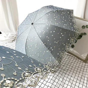 

2020 Embroidery Lace Double Layers UV Umbrella for Women Small 3-Fold Rain Sun Umbrella for Female Excellent Parasol