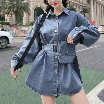

Pocket Denim Mini Dress Women Wear positive Negative Two Kinds Button Denim With Belt Dresses Girls Spring Autumn Sweet Clothes