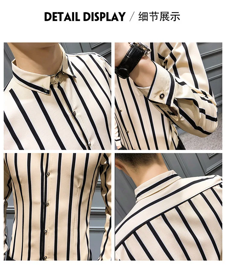 Korean Streetwear Fashion Men's Casual Shirt Slim Fit Men's Casual Striped Shirt Long Sleeve Party Social Shirts Men Male Camisa