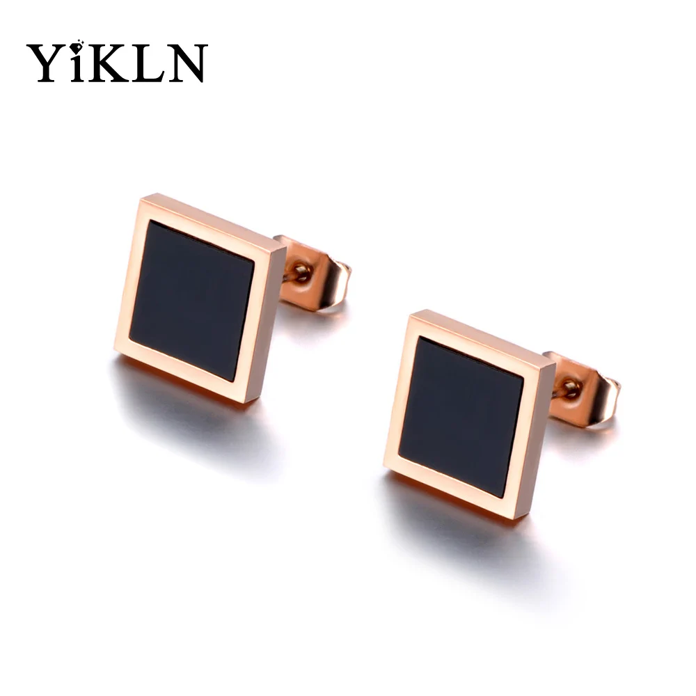 

YiKLN OL Style Black Acrylic Square Stud Earrings Rose Gold Stainless Steel Trendy Earrings Jewelry For Women Girls YE19021