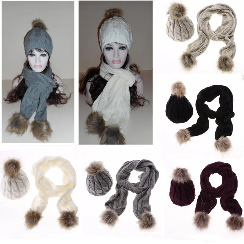 

180*20cm Women Ladies Knitted Artificial Fur Wool Beanie Crochet Baggy Ski Cap Hat Scarf Set Scarf and Hat Set