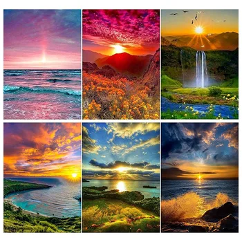 

6 Sets 5D Diamond Painting Art Dotz Paint By Numbers Kits Full Drill for Adult Kids Sunset for Home Wall Decor
