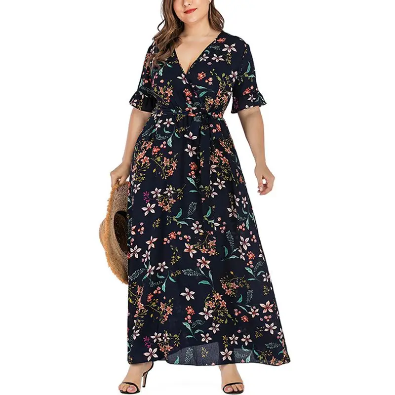 Летнее платье большого размера 4XL 5XL 6XL 7XL 8XL бюст 135 см сексуальное кружевное модное платье с v-образным вырезом и расклешенными рукавами