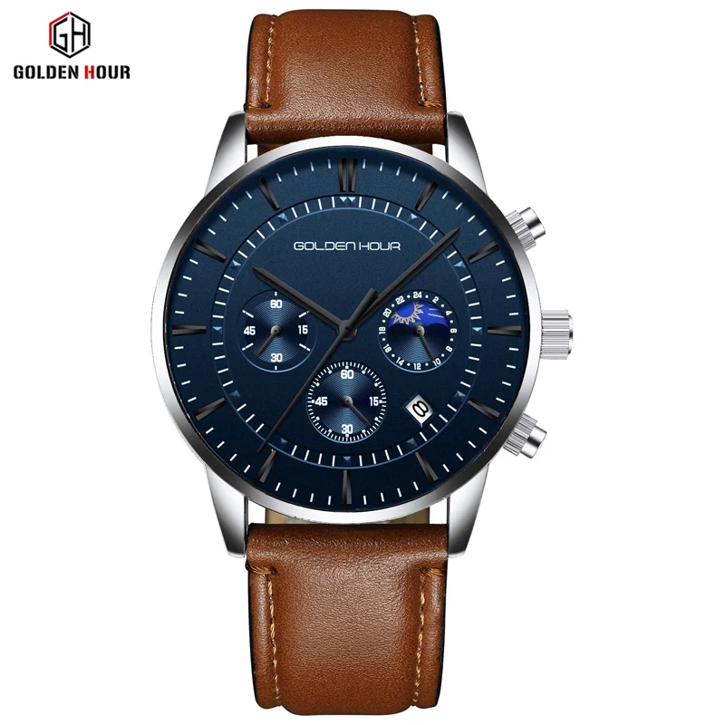 Leather S B BE Мужские часы лучший бренд класса люкс GOLDENHOUR Модные мужские в деловом стиле Мужские кварцевые часы спортивные Водонепроницаемые наручные часы Relogio Masculino - Цвет: Leather S B BE