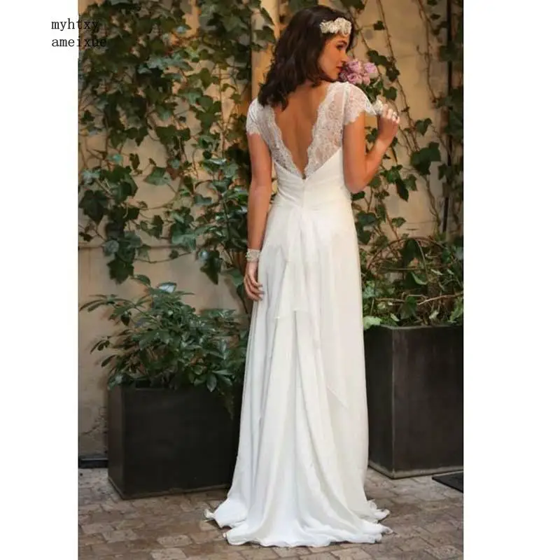 Vestido De Noiva короткое шифоновое и Атласное кружевное недорогое сексуальное свадебное платье в пол с глубоким вырезом на спине и коротким рукавом