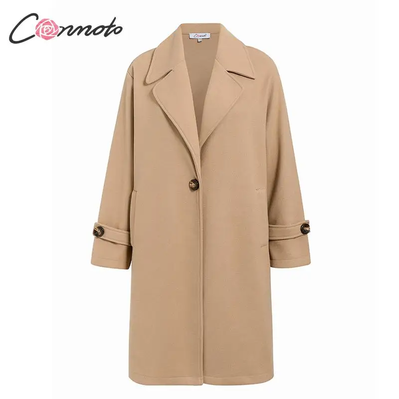 Conmoto, свободное, хаки, одноцветное пальто, смесь, для женщин, осень, зима, пальто для девушек, Тренч, элегантное, с отложным воротником, высокое, модное, длинное пальто