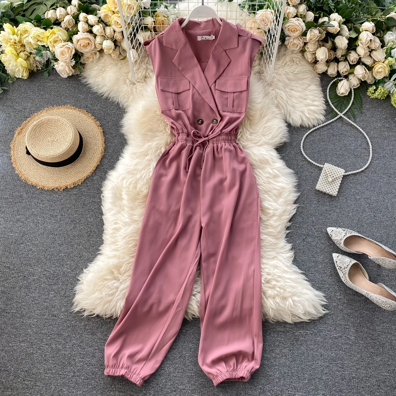 Streetwear Commuting Overalls Female Jumpsuit Summer 2020 Vintage Tooling Pockets Tie-Waist Slim jumpsuit Women Bodysuit rompers