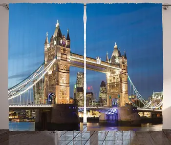 

London Curtains Scenery of Landmark Tower Bridge at Twilight with Skyscrapers England UK Image Living Room Bedroom Window Drapes