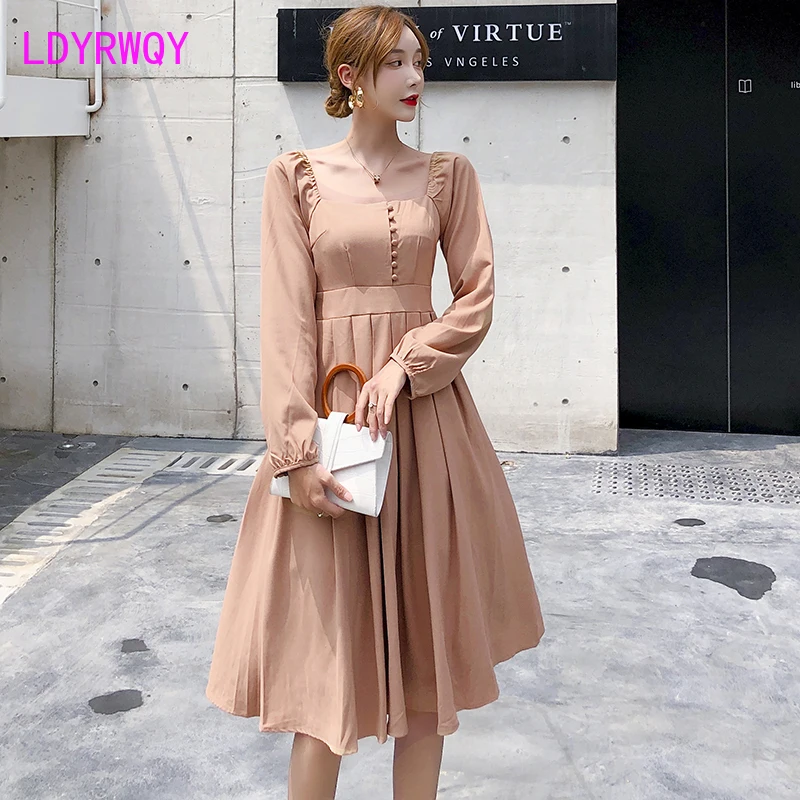 Осеннее новое французское ретро платье с длинными рукавами для женщин длиной до колена обычное однотонное офисное платье для девушек