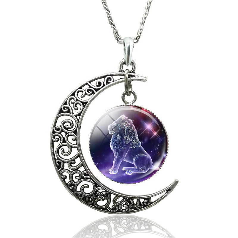 12 Constellation Necklace Zodiac Signs Cabochon Glass Crescent Moon Pendant Clavicle chain Necklace Birthday Gifts for Women - Image 2