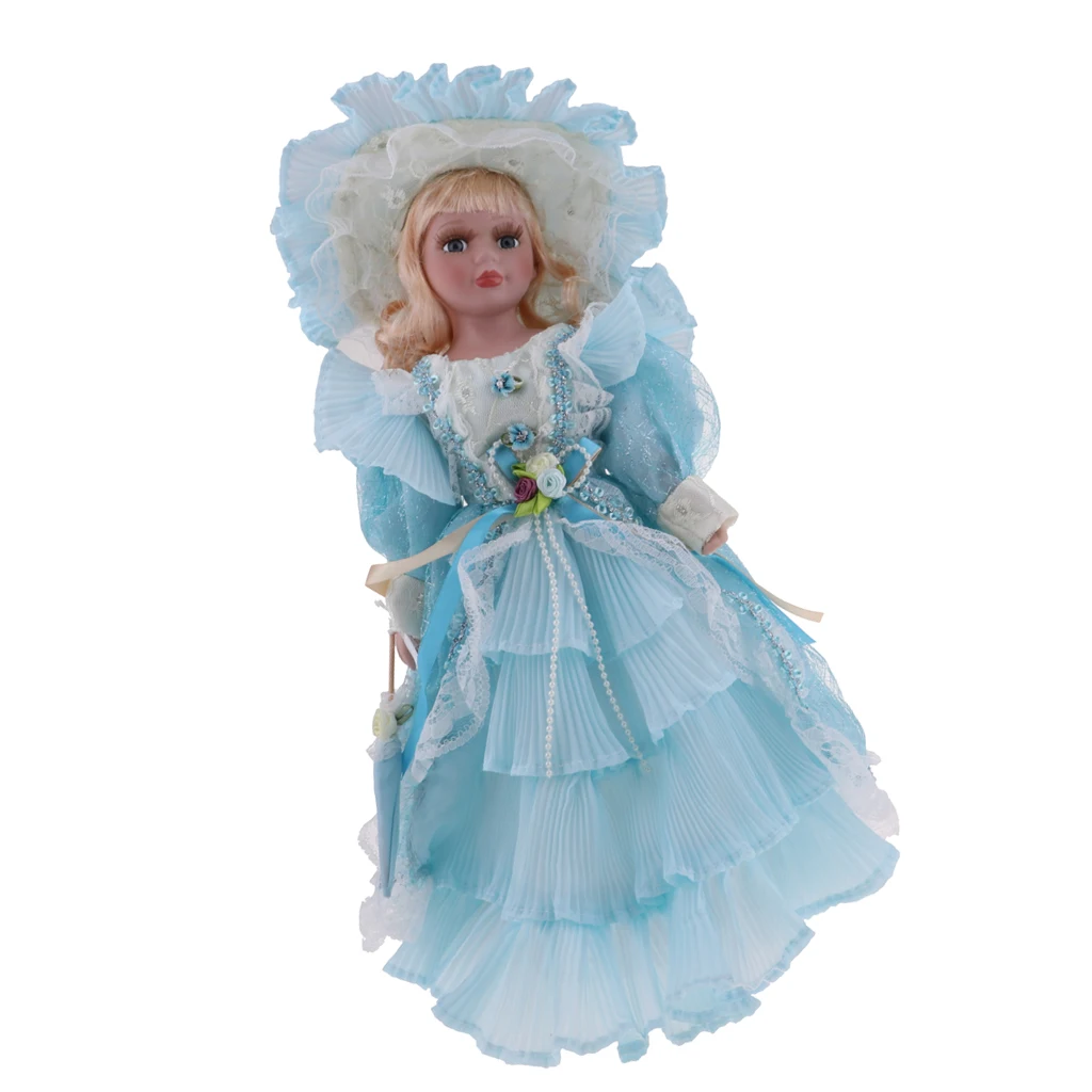 40cm Porcelain Doll Victorian Lady Figures with Wooden Stand for Adults Collections