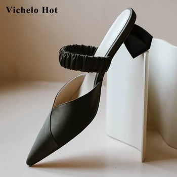 

Vichelo Hot genuine leather pointed toe strange med heel slip on mules handmade high quality mature lady basic sandals women L21