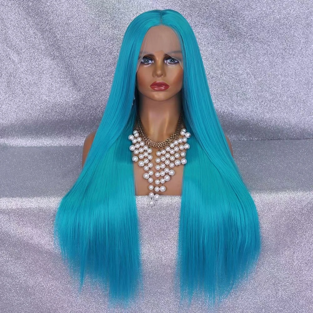 26Inch 180%Density Sky Blue Long Straight Synthetic Lace Front Wig For Women With Baby Hair Daily Wear GluelessFiber | Шиньоны и парики