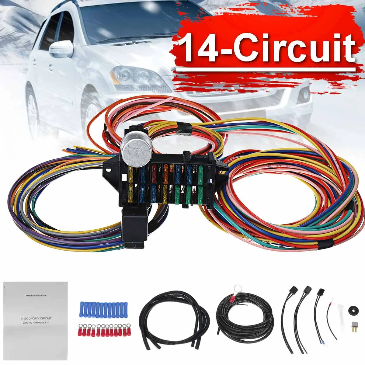 US $57.00 NEW Multicolor Wiring Harness 1214 Circuit 10 Fuses UNIVERSAL Hot Rod Extra long Wires Kit