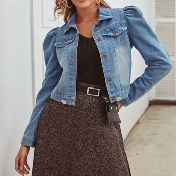 

Spring New Jacket Puff Sleeve Court Style Slim Denim Jacket 2020